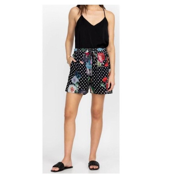 Johnny Was Workshop Size L Polkalona Floral Paperbag Shorts Boho Chic Cotton - Picture 1 of 13